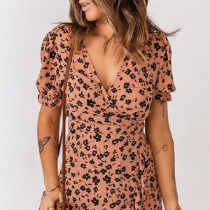 Floral Surplice Ruffle Hem Tie-Back Dress